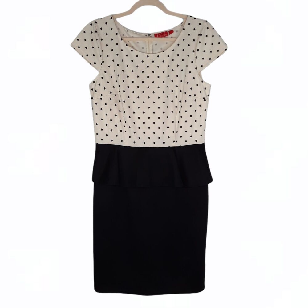Elle Women's Black and White Polka Dot Peplum Dress Cap Sleeves size M $60 NWT
